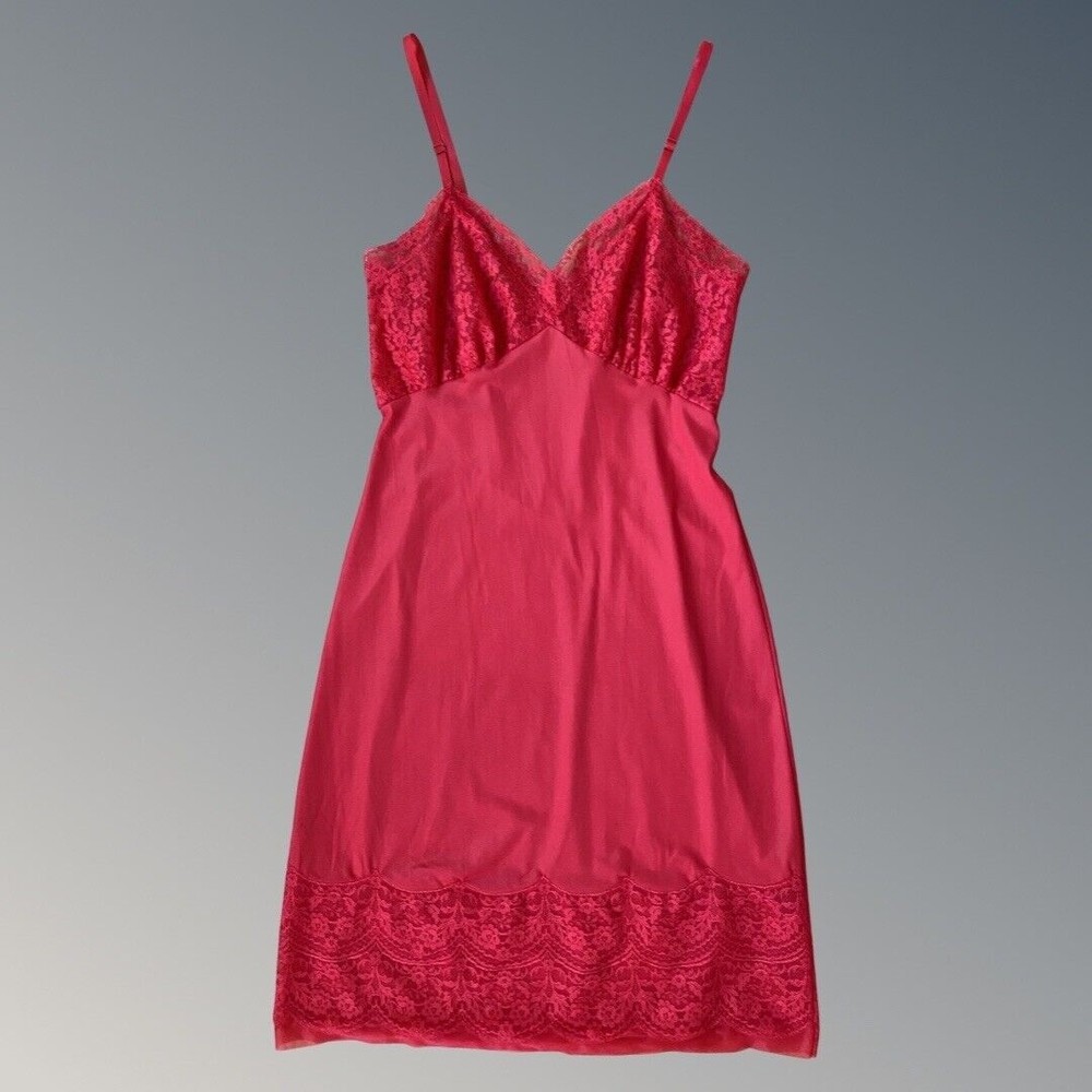 Vintage Van Raalte Lacy Full Slip Dress Rockabilly Red Nylon Chiffon Lingerie 34
